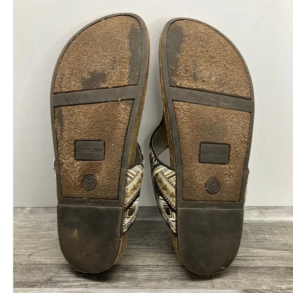 Sam & Libby Womens 9 Gold Black Geometric Embroidered Cork Thong Slide Sandals - Picture 6 of 7